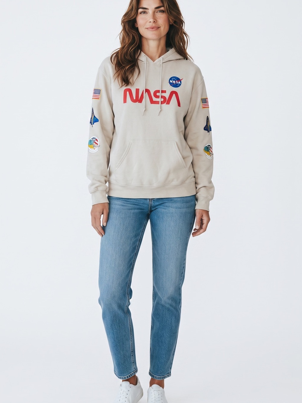 NASA Cream Hoodie with Sleeve Patches